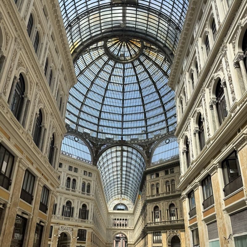 Daily photo from a past check-in: looking up into the iron and glass dome of a grand old arcade in Naples