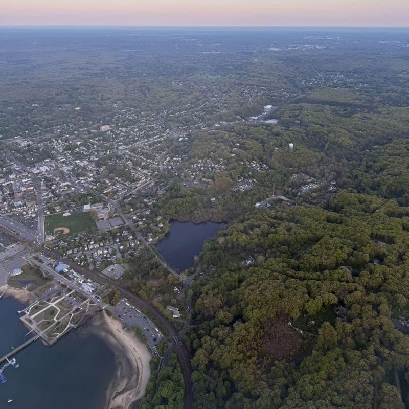 Daily photo from a past check-in: a small harbor town and its woods seen from a plane window at dusk